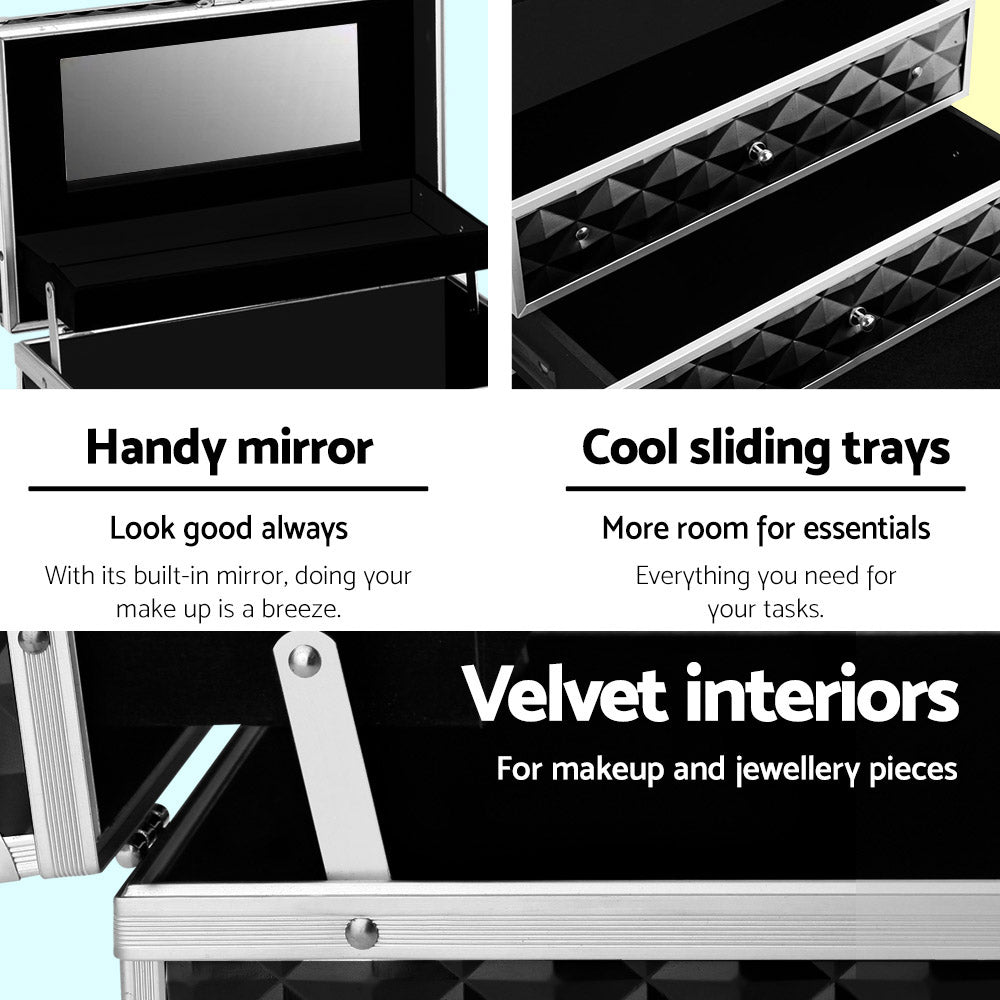 Buy Portable Cosmetic Beauty Makeup Carry Case with Mirror - Diamond Black Online Australia at BargainTown