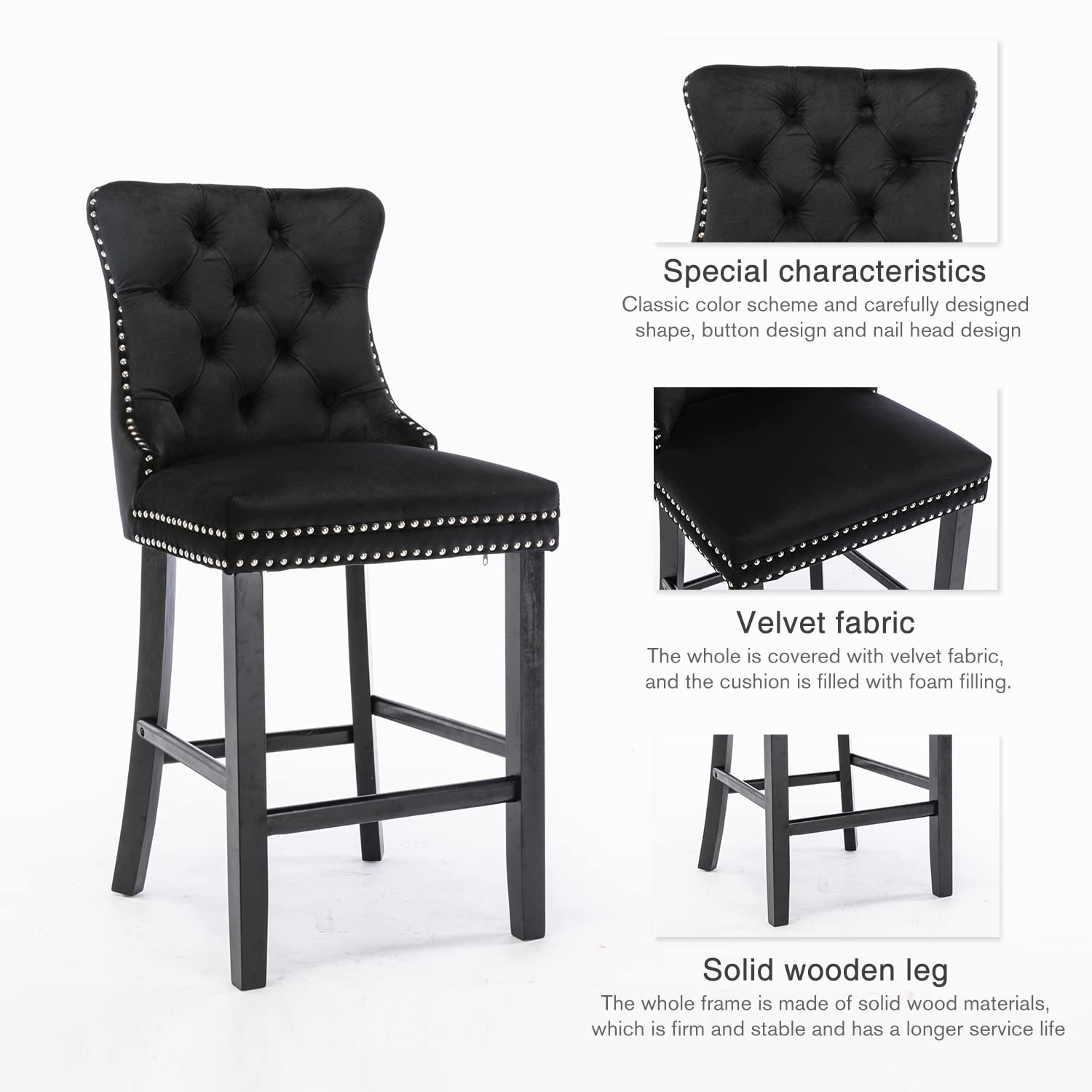Buy Velvet Bar Stools Counter Stools Set Of 2 With Studs Trim Wooden Legs Black Online Australia at BargainTown