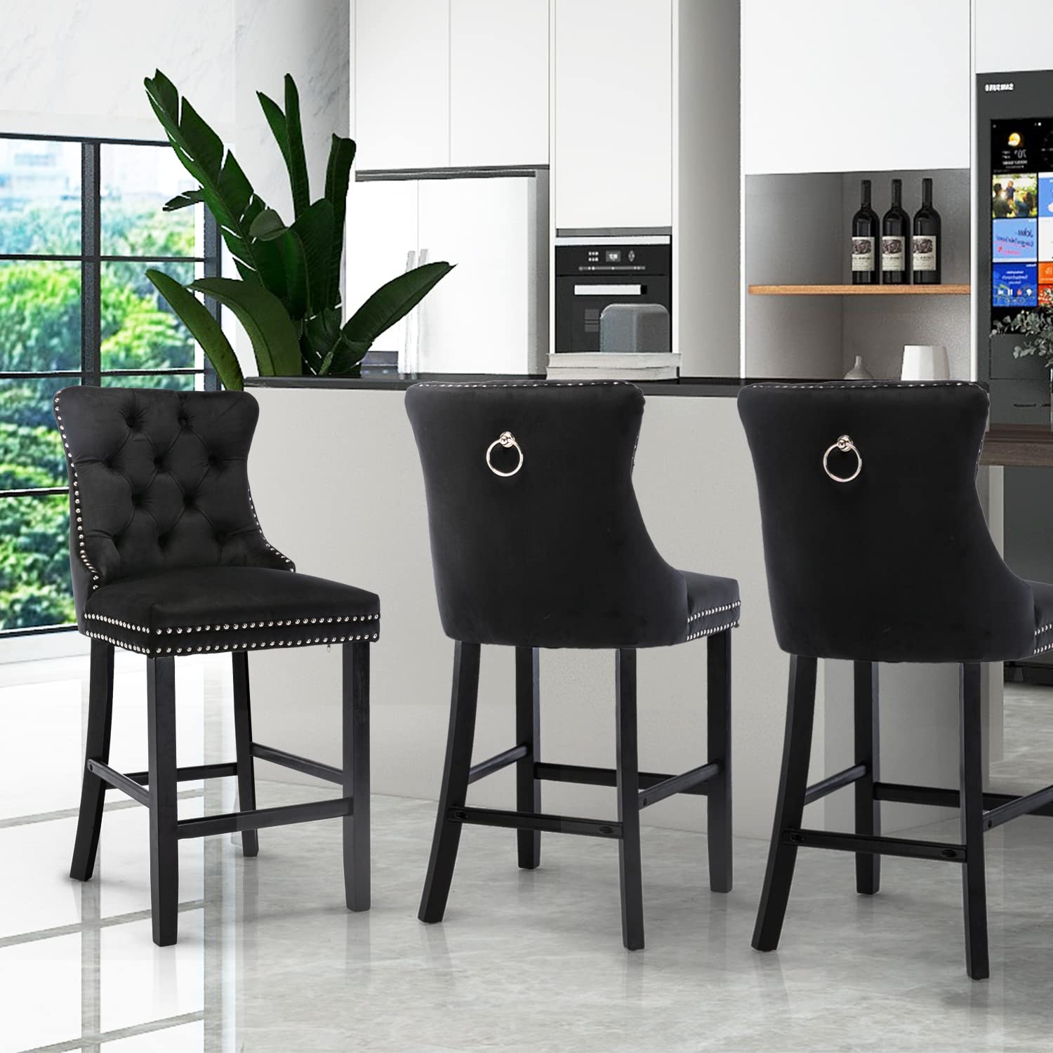 Buy Velvet Bar Stools Counter Stools Set Of 2 With Studs Trim Wooden Legs Black Online Australia at BargainTown