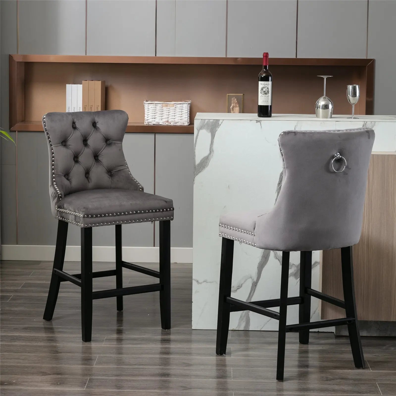 Buy Velvet Bar Stools Counter Stools Set Of 2 With Studs Trim Wooden Legs Grey Online Australia at BargainTown