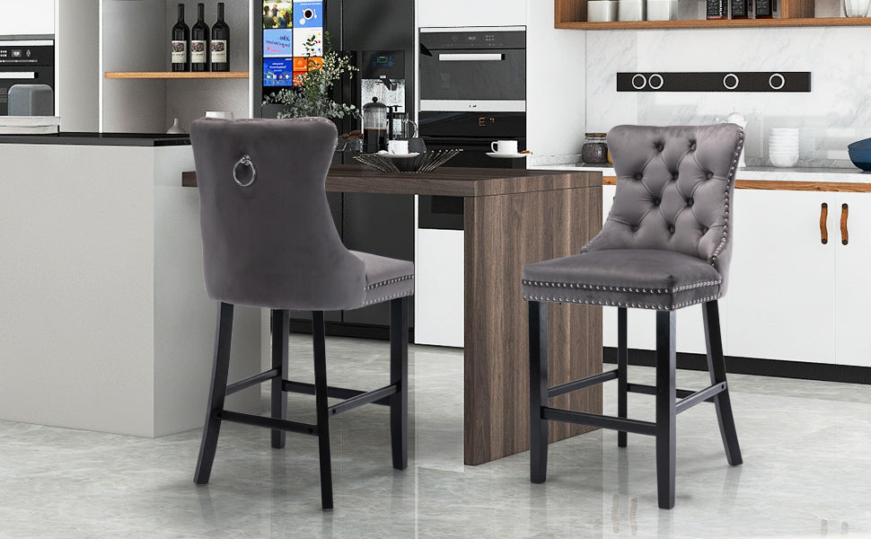 Buy Velvet Bar Stools Counter Stools Set Of 2 With Studs Trim Wooden Legs Grey Online Australia at BargainTown