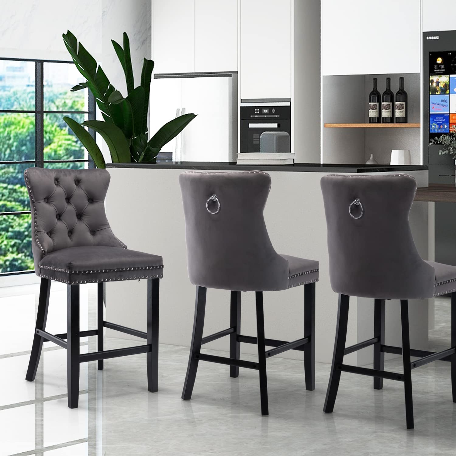 Buy Velvet Bar Stools Counter Stools Set Of 2 With Studs Trim Wooden Legs Grey Online Australia at BargainTown