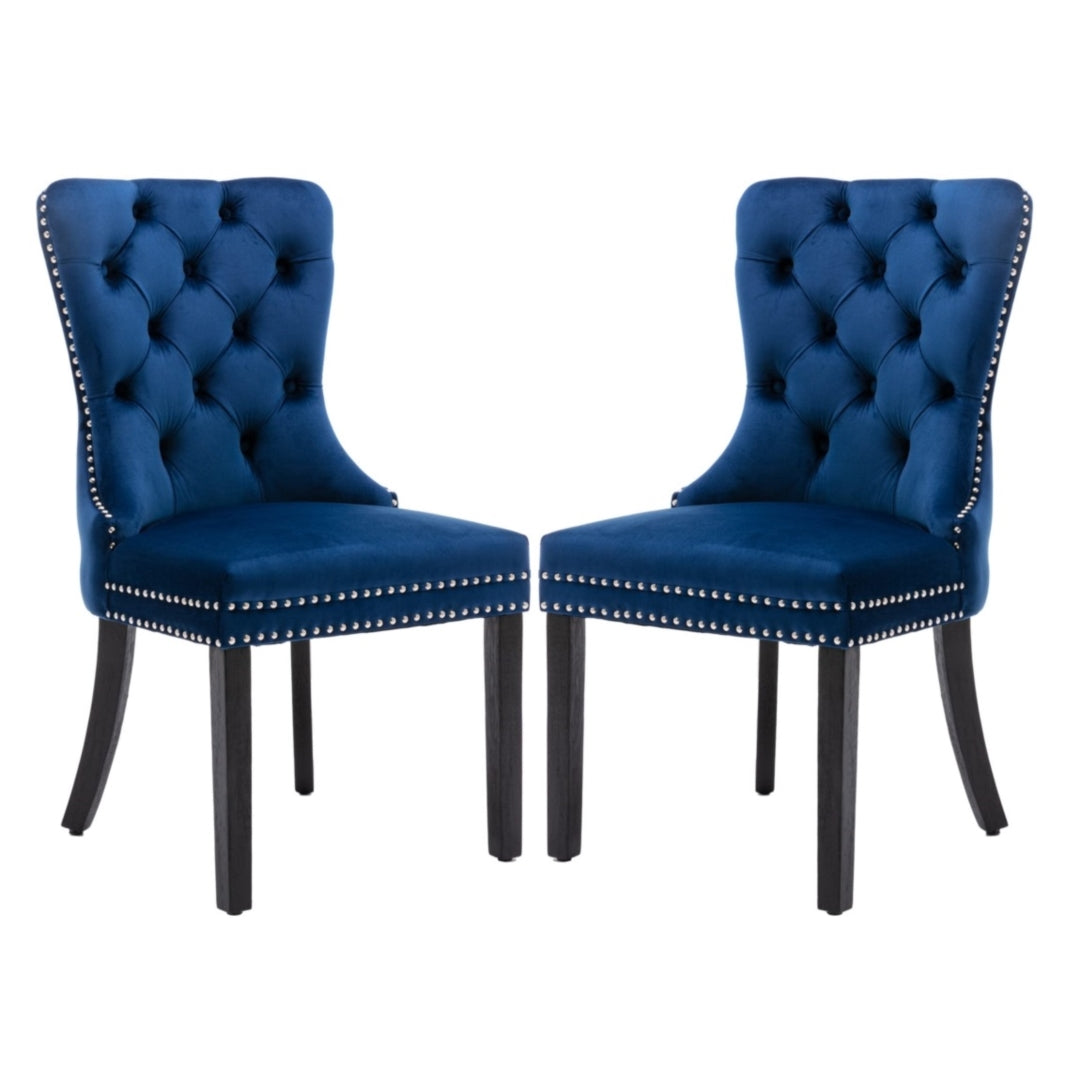 Set of 4 Velvet Dining Chairs Upholstered With Studs - Blue