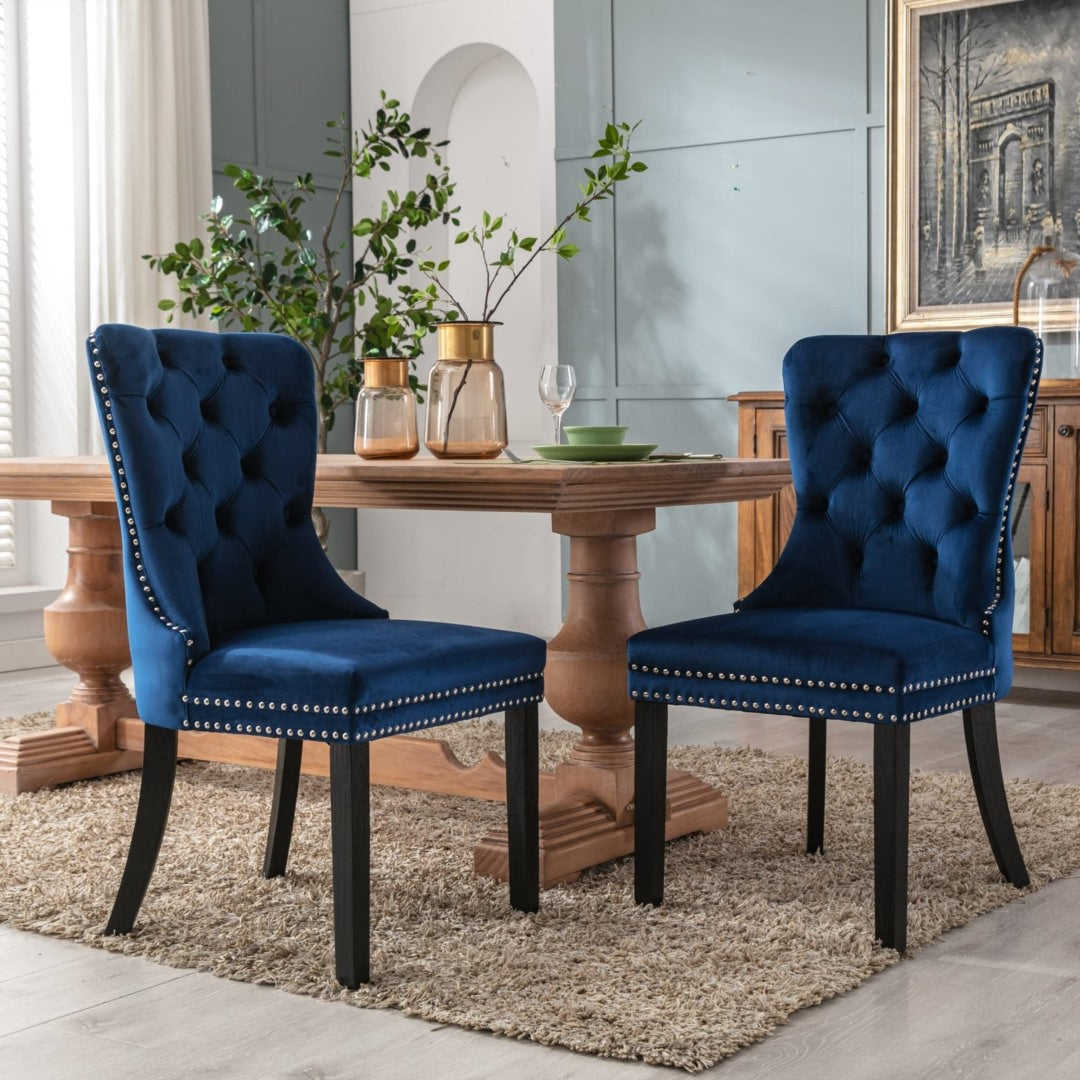 Set of 4 Velvet Dining Chairs Upholstered With Studs - Blue