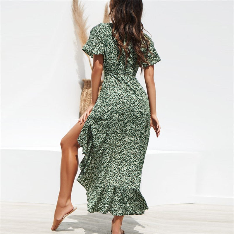Buy Boho Ruffles Wrap V-Neck Split Maxi Dress Online Australia at BargainTown