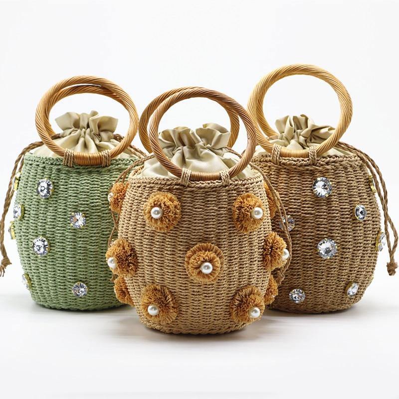 Buy Handmade Rhinestone Drawstring Straw Top Handle Bucket Tote Online Australia at BargainTown