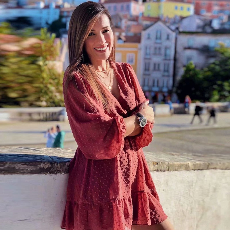 Buy Lace Chiffon Three Quarter Sleeve Boho Mini Dress Online Australia at BargainTown