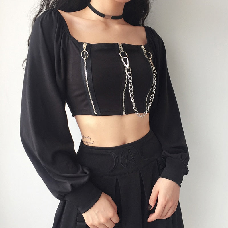 Buy Vintage Off Shoulder Gothic Zipper Chain Crop Top Online Australia at BargainTown