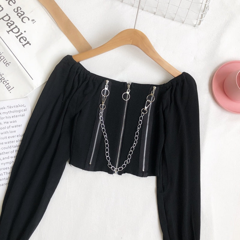 Buy Vintage Off Shoulder Gothic Zipper Chain Crop Top Online Australia at BargainTown