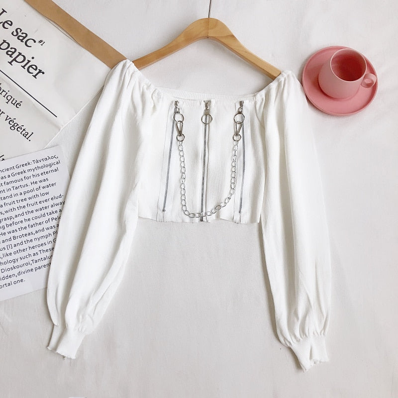 Buy Vintage Off Shoulder Gothic Zipper Chain Crop Top Online Australia at BargainTown