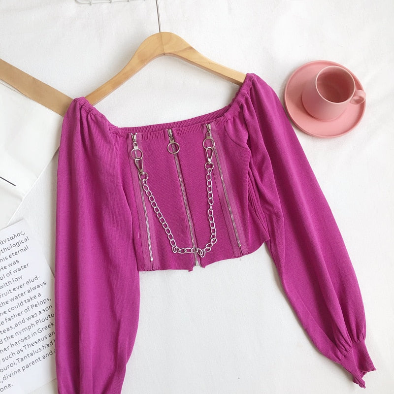Buy Vintage Off Shoulder Gothic Zipper Chain Crop Top Online Australia at BargainTown
