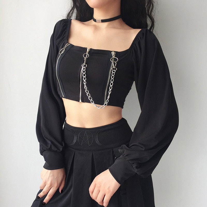 Buy Vintage Off Shoulder Gothic Zipper Chain Crop Top Online Australia at BargainTown
