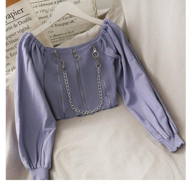 Buy Vintage Off Shoulder Gothic Zipper Chain Crop Top Online Australia at BargainTown