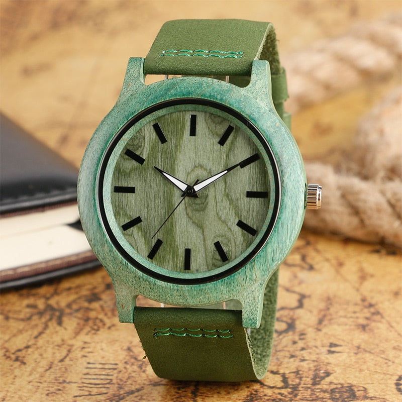 Buy Natural Green Handmade Genuine Leather Bamboo Watch Online Australia at BargainTown