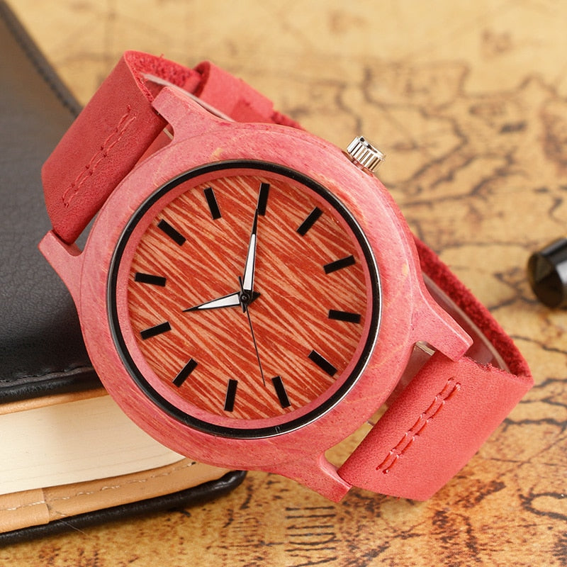 Buy Natural Red & Pink Handmade Genuine Leather Bamboo Watch Online Australia at BargainTown