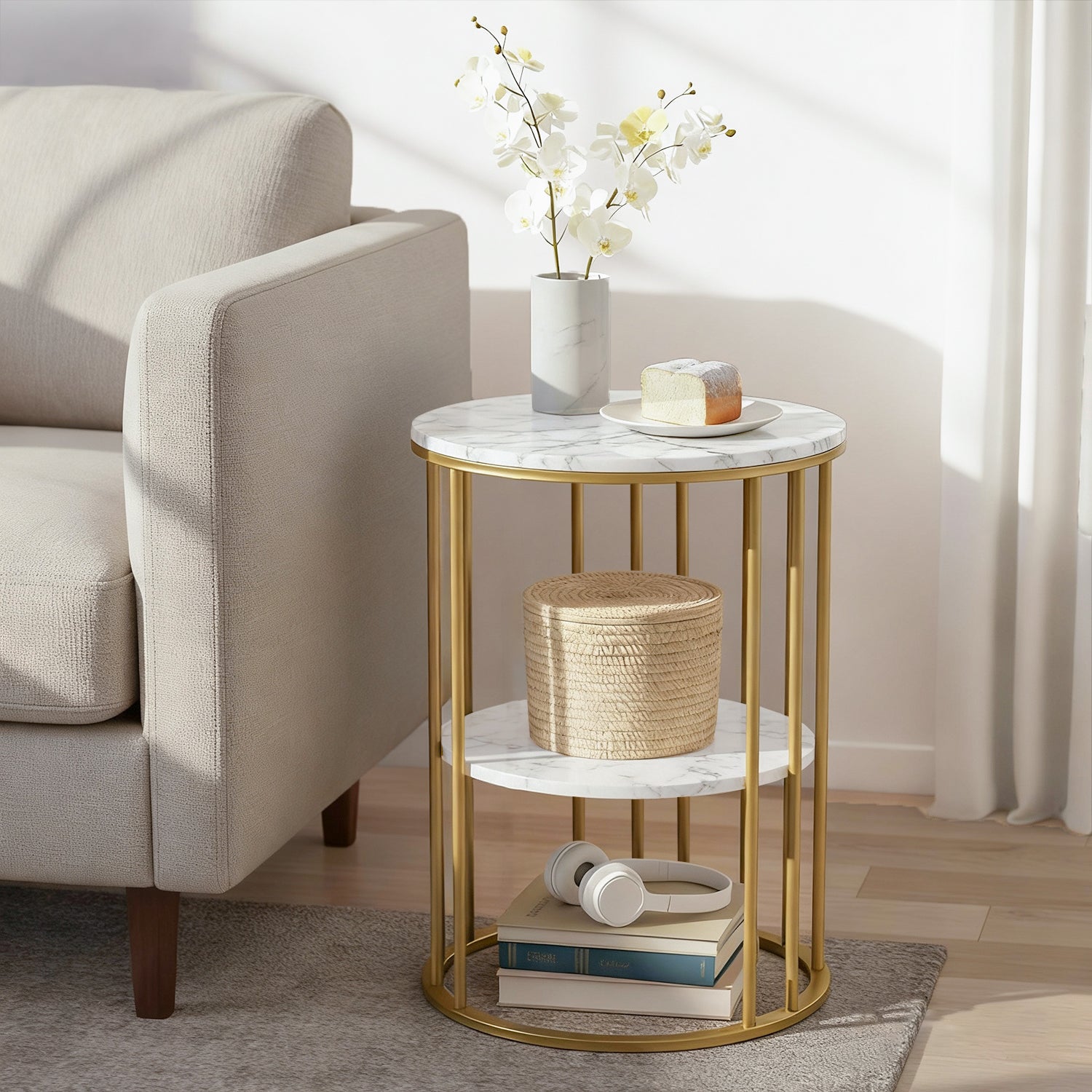 Marble Effect Coffee Table 2-Tier Round
