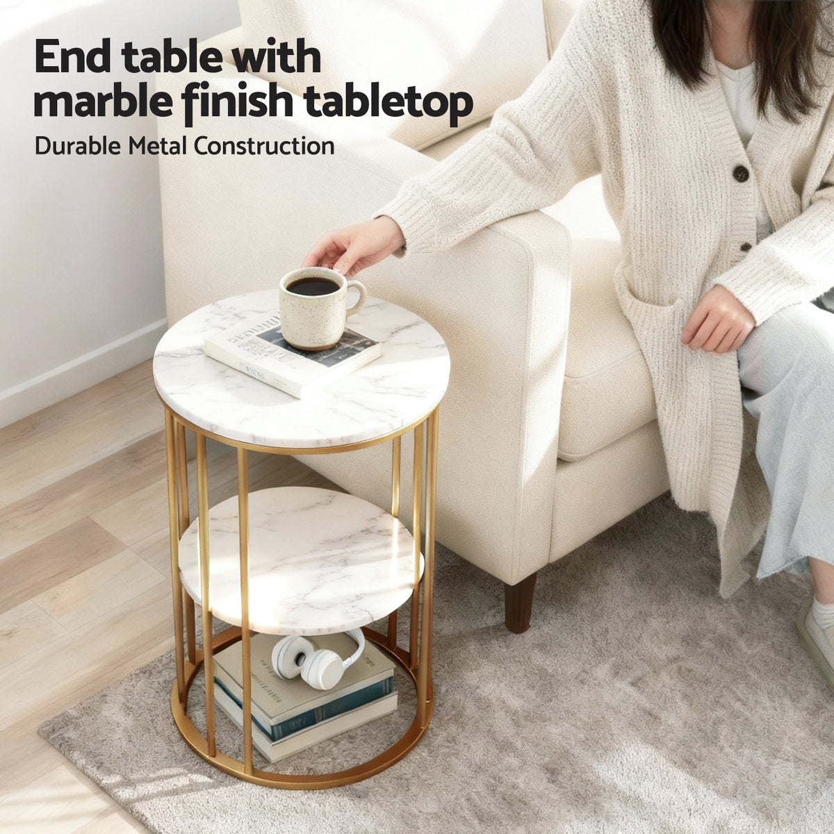 Marble Effect Coffee Table 2-Tier Round