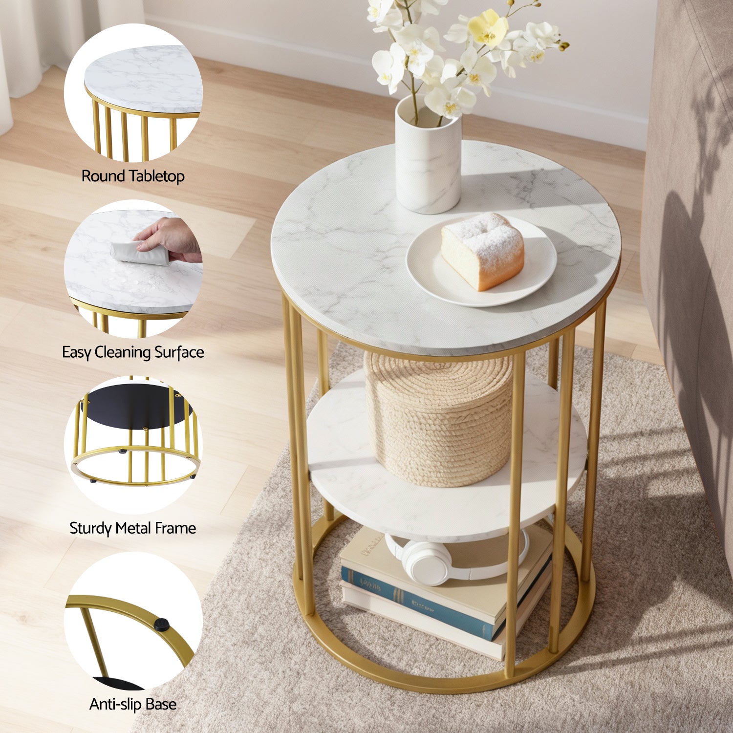 Marble Effect Coffee Table 2-Tier Round