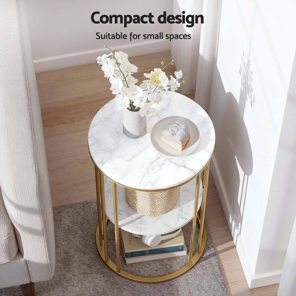 Marble Effect Coffee Table 2-Tier Round