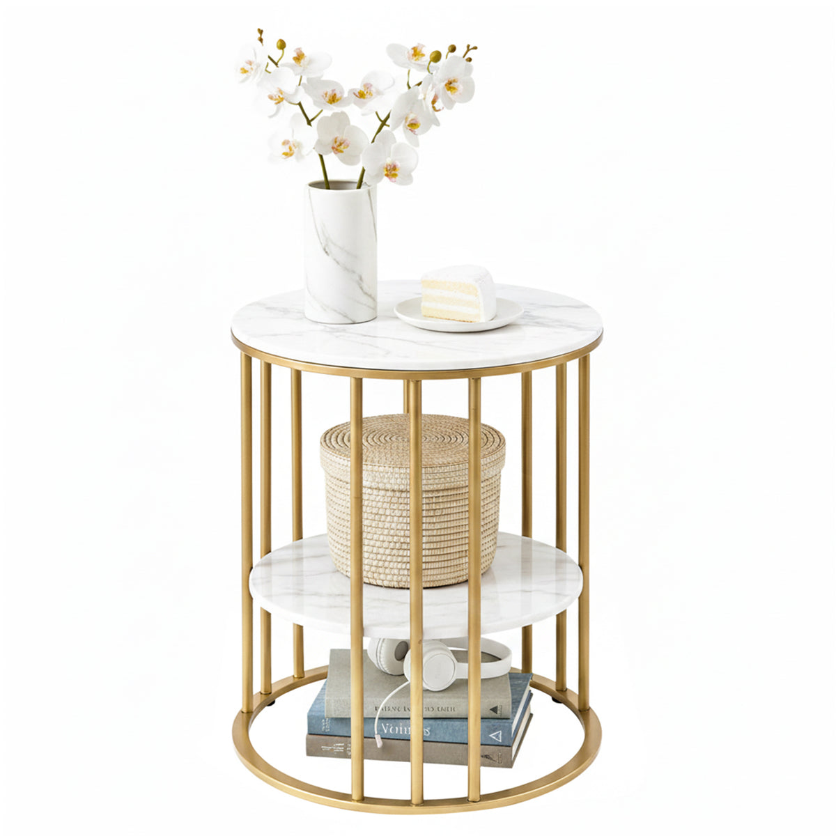 Marble Effect Coffee Table 2-Tier Round