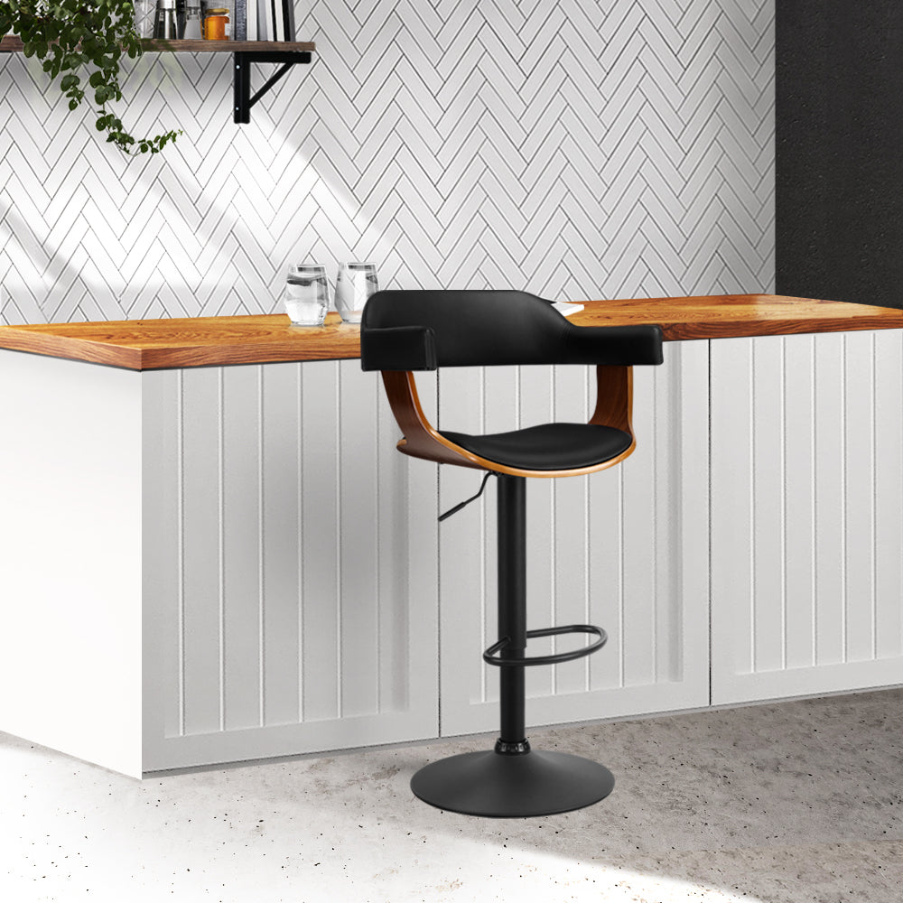 Curved Gas Lift PU Leather Bar Stool Black And Wood