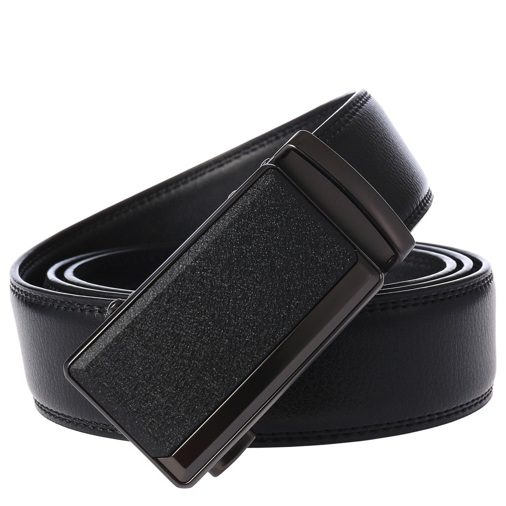 Men's Genuine Cowhide Leather Belts Metal Auto Buckle Black