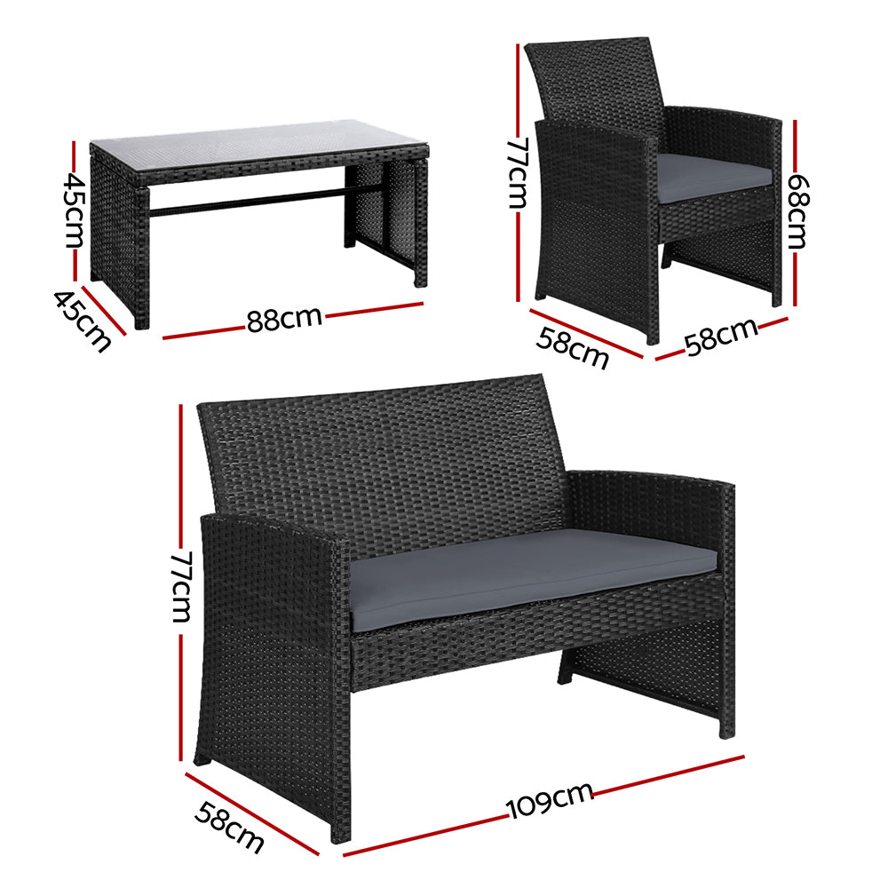 Set of 4 Outdoor Lounge Setting Rattan Patio Wicker Dining Set Black