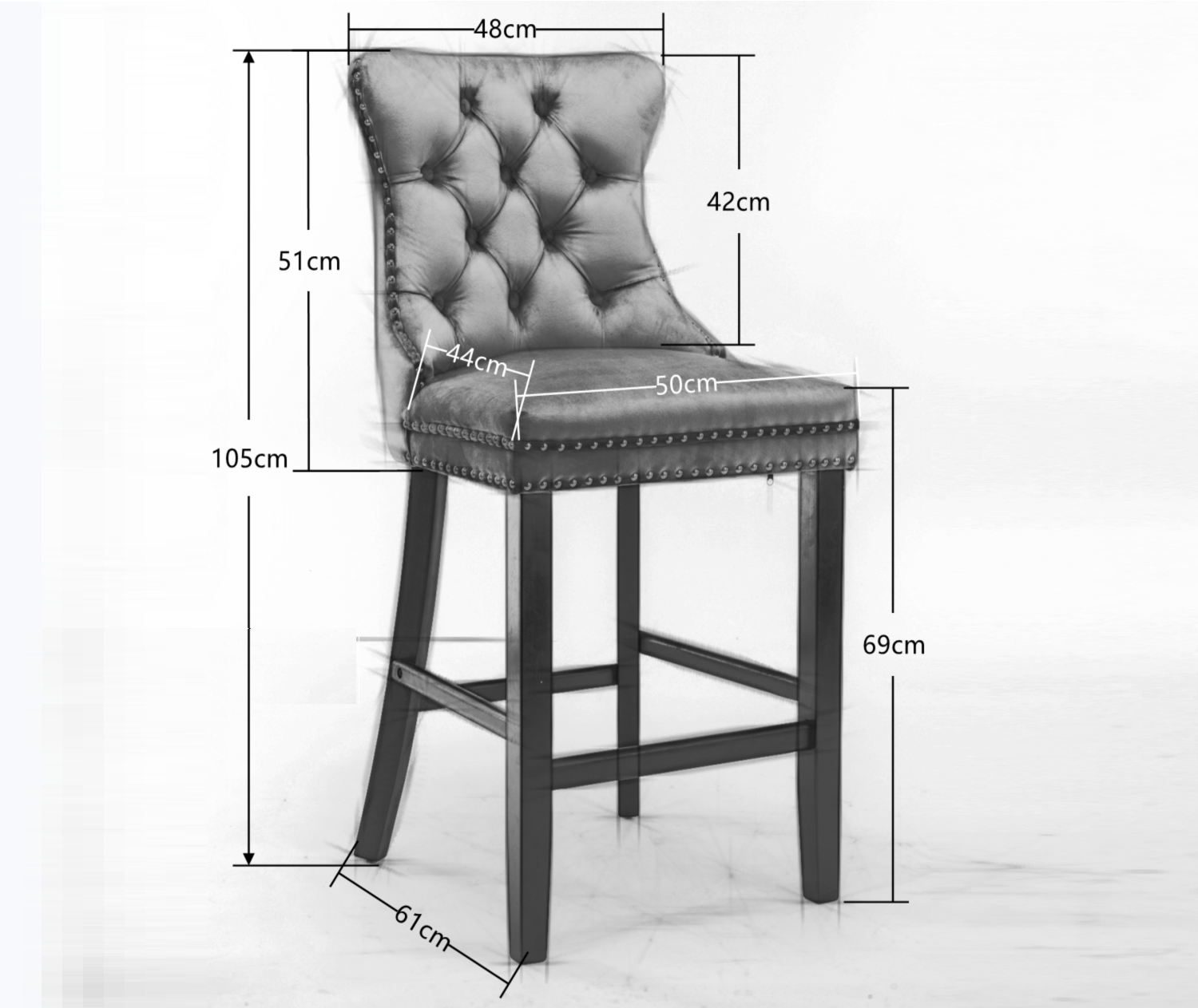 Premium Velvet Bar Stools Set Of 2 With Studs Trim Grey