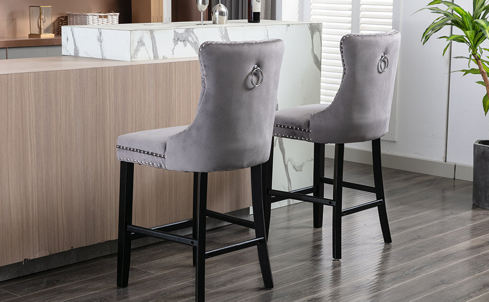 Buy Velvet Bar Stools Counter Stools Set Of 2 With Studs Trim Wooden Legs Grey Online Australia at BargainTown