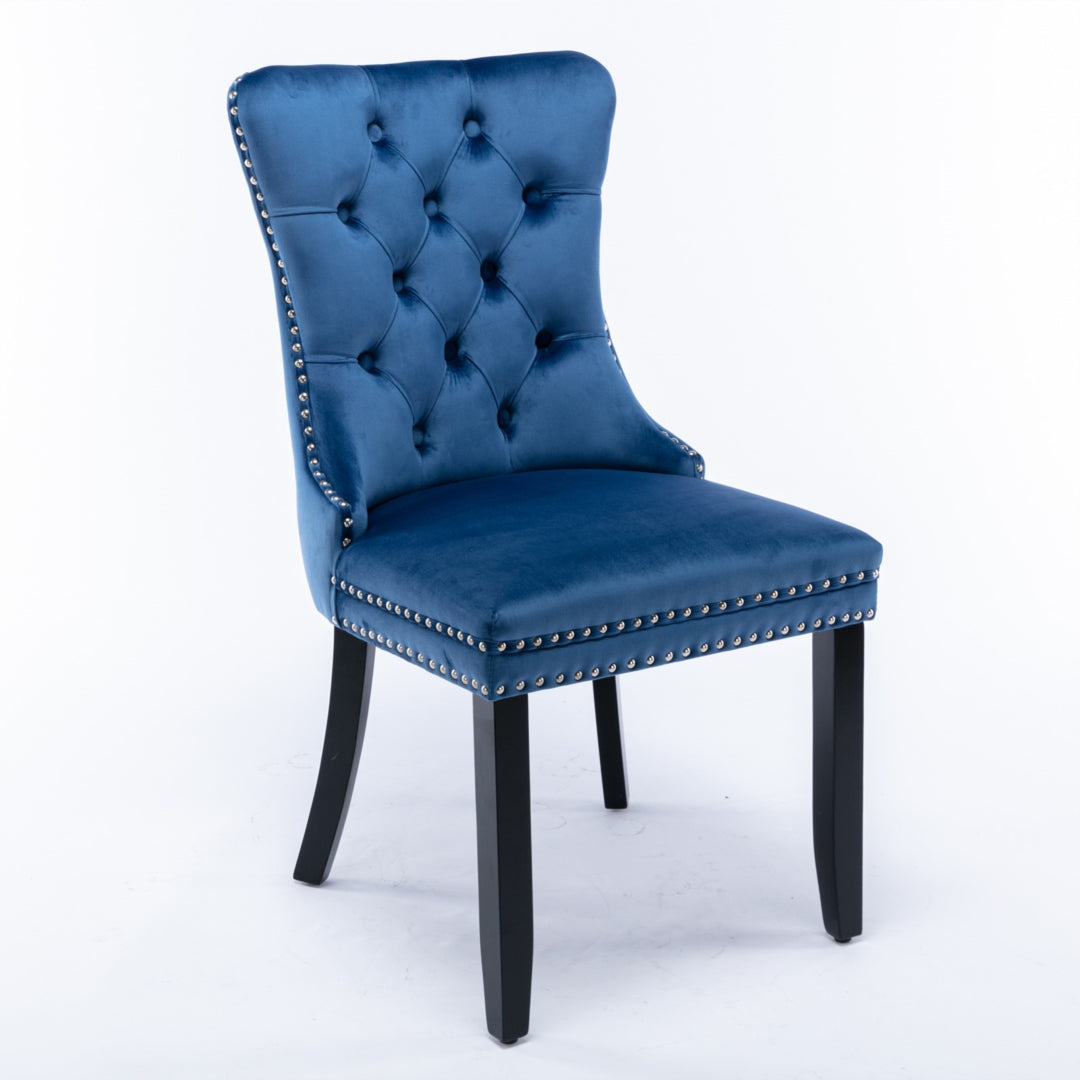 Set of 4 Velvet Dining Chairs Upholstered With Studs - Blue