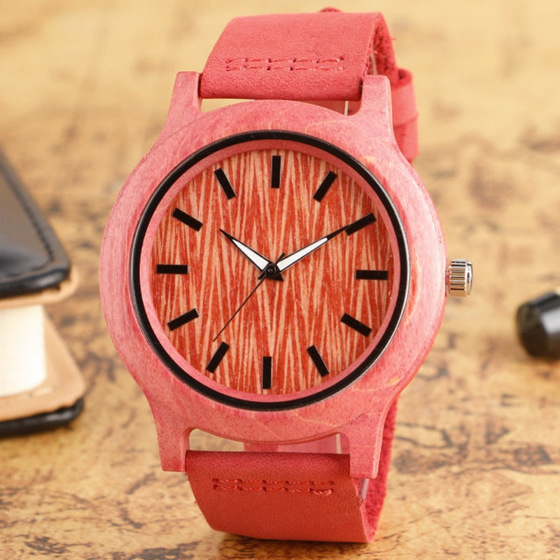 Buy Natural Red & Pink Handmade Genuine Leather Bamboo Watch Online Australia at BargainTown